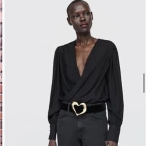 Zara Black Satin Long Sleeve Plunging Wrap Bodysuit